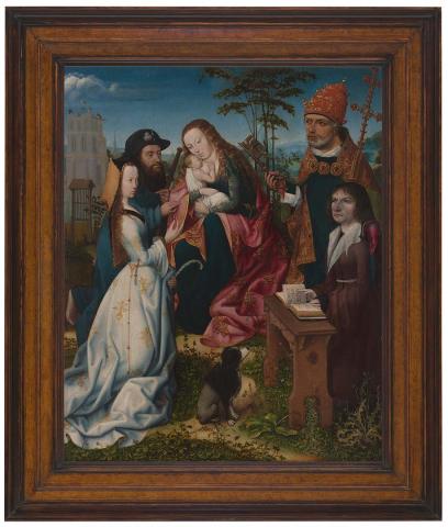 Artwork Virgin and Child with Saint James the Pilgrim, Saint Catherine and the Donor with Saint Peter this artwork made of Oil on oak panel, created in 1493-01-01