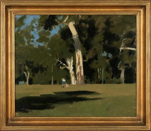 Artwork Pat and Max under gum trees (Eltham Park) this artwork made of Oil on canvas on cardboard, created in 1931-01-01