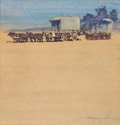 Artwork (Mule train) this artwork made of Watercolour on wove watercolour paper on cardboard, created in 1896-01-01