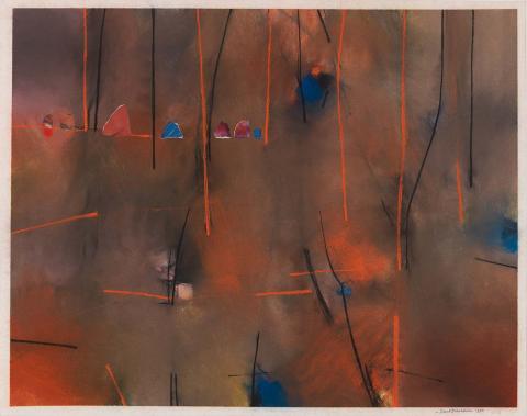 Artwork Trees and stones - fiery landscape this artwork made of Pastel, collage on wove paper, created in 1980-01-01