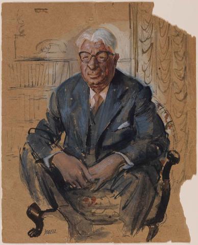 Artwork Colour sketch for portrait of Dr Norman Behan this artwork made of Wash and gouache on soft buff paper mounted on cardboard, created in 1969-01-01