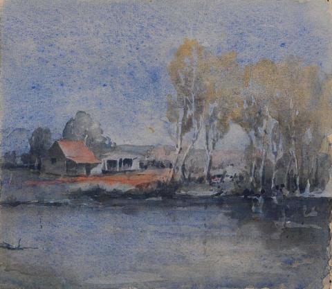 Artwork (Small house with river in foreground) this artwork made of Watercolour on rough, wove paper on cardboard, created in 1929-01-01