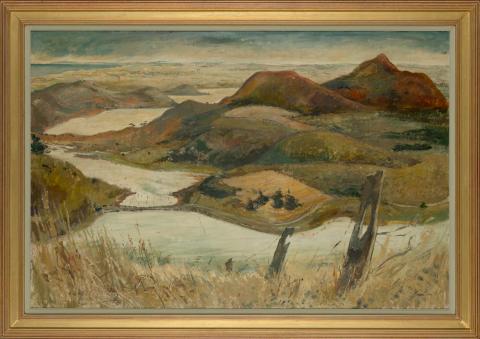 Artwork Tower Hill Lakes, Koroit (Victoria) this artwork made of Oil on composition board, created in 1952-01-01
