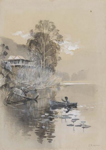 Artwork View on the Barron River, North Qld this artwork made of Watercolour wash heightened with white on paper, created in 1883-01-01