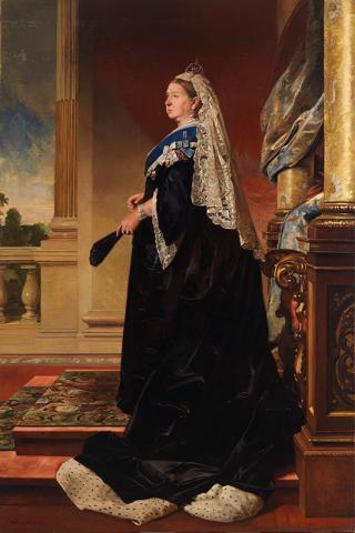 Artwork Portrait of Queen Victoria this artwork made of Oil on canvas, created in 1883-01-01