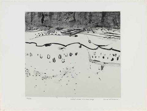 Artwork Kelly's Creek, Werribee Gorge (from 'Fred Williams lithographs 1976-1978' portfolio) this artwork made of Lithograph on Arches 270gsm paper, created in 1976-01-01