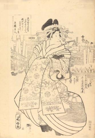 Artwork (Courtesan with market scene behind) this artwork made of Key-block print on thin cream laid Oriental paper, created in 1865-01-01