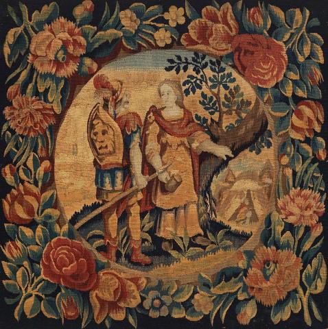 Artwork Panels: 1. Judith and Holfernes 2. Joseph and his coat of many colours this artwork made of Wool tapestry, circular figurative panels with flowers in the corners, created in 1700-01-01