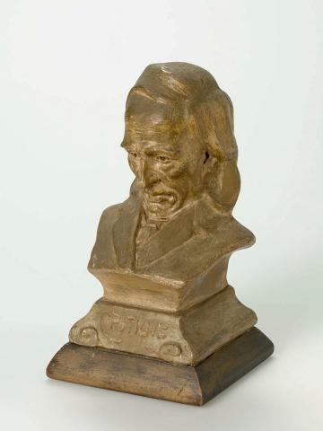 Artwork Sculpture:  Critique this artwork made of Plaster, cast from modelled original, painted bronze with wooden base