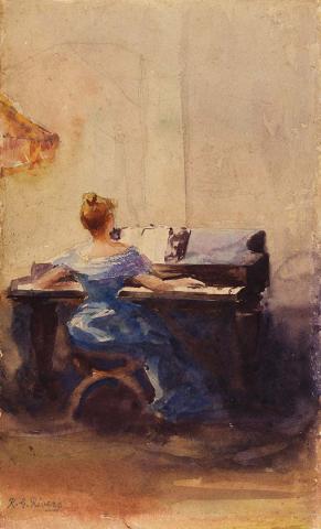 Artwork (The Recital or Woman at a piano) this artwork made of Watercolour over pencil on cream wove paper, created in 1886-01-01