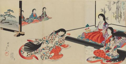 Artwork Court ladies engaged in tea ceremony this artwork made of Colour woodblock print, blind-embossed on cream laid Oriental paper, created in 1880-01-01