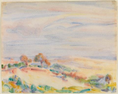 Artwork Landscape, New Zealand this artwork made of Watercolour over pencil on thick rough wove paper, created in 1922-01-01