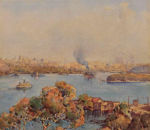 Artwork Sydney Harbour this artwork made of Watercolour on cream wove paper, created in 1927-01-01