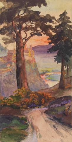 Artwork (Landscape at sunset;  a track over a forested hill and village beyond) this artwork made of Watercolour and gouache over pencil