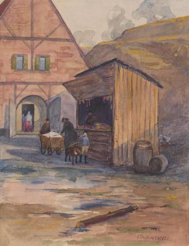 Artwork Herr Braun's canteen, Torgau this artwork made of Watercolour and ink over pencil on thick cream wove paper, created in 1914-01-01