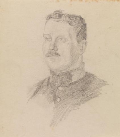 Artwork Untitled (bust-length sketch of a soldier) this artwork made of Pencil on thick wove paper, created in 1914-01-01