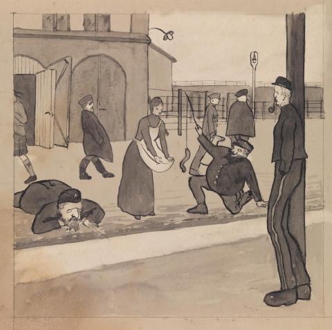 Artwork Untitled (prisoners in an exercise yard - prisoner of war magazine illustration) this artwork made of Pen and brush and ink, grey wash over pencil on cream wove paper, created in 1914-01-01