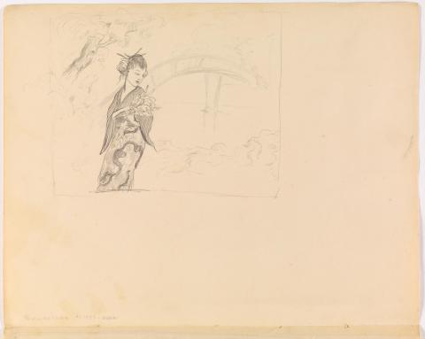 Artwork Untitled (A Japanese girl with flowers in a landscape with a footbridge;  two Japanese girls) this artwork made of Pencil on buff wove paper, created in 1915-01-01