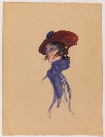Artwork (Head of a girl, possibly the artist's sister, with a scarf and tam-o-shanter) this artwork made of Watercolour and gouache over pencil