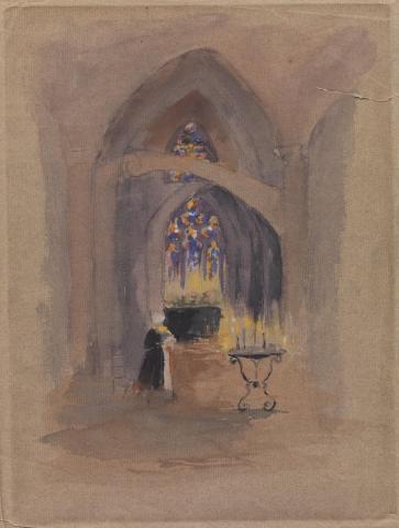 Artwork (Church interior with female figure) this artwork made of Pencil, watercolour, gouache and ink on grey laid paper, created in 1916-01-01