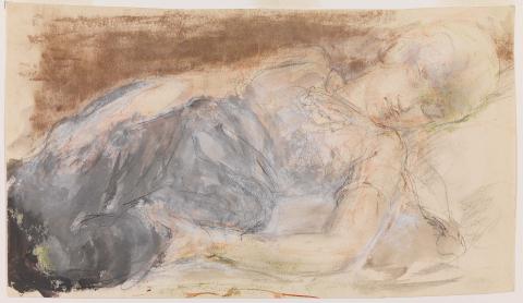 Artwork Untitled (sleeping figure, female) this artwork made of Pencil, gouache, coloured crayons and traces of red ink