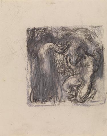Artwork Untitled (sketch of two figures suggesting movement) this artwork made of Black, white and pink pastels
