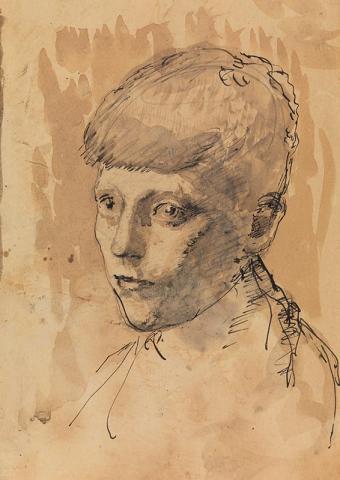 Artwork Untitled (head of a boy) this artwork made of Pen and ink, pencil, blue and grey washes and traces of blue crayon on thick buff wove paper, created in 1920-01-01