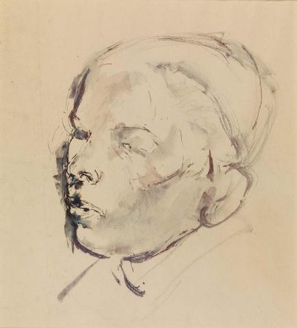 Artwork Untitled (sketch of a youth's head; sketch of a crouching figure) this artwork made of Pen and brush and blue-black and red ink