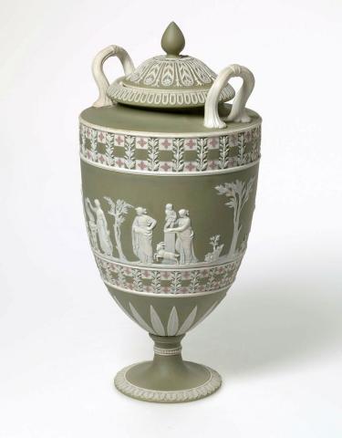 Artwork Covered vase:  Sacrifice this artwork made of Jasper porcelain dipped green urn shape with two handles on the shoulder with engine turned diced decoration and applied mauve rosettes above and below a neo classic style figurative scene depicting a sacrifice, created in 1835-01-01