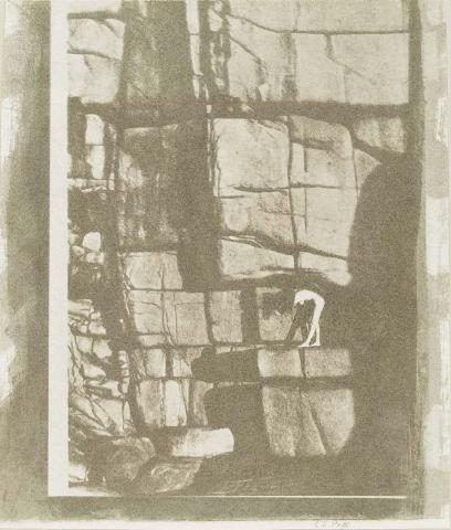 Artwork (Female nude, bending over, on rock ledge) (from 'Magnetic Island' series) this artwork made of Gum bichromate photograph on paper, created in 1982-01-01