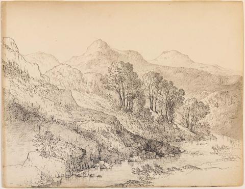 Artwork (Mountainous river landscape) this artwork made of Pen and ink, ink wash over pencil on buff wove paper, created in 1820-01-01