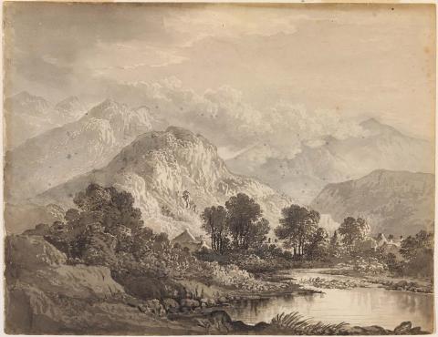 Artwork (A bend in the stream, with a village at the foot of a mountain) this artwork made of Brush and ink on buff wove paper, created in 1820-01-01