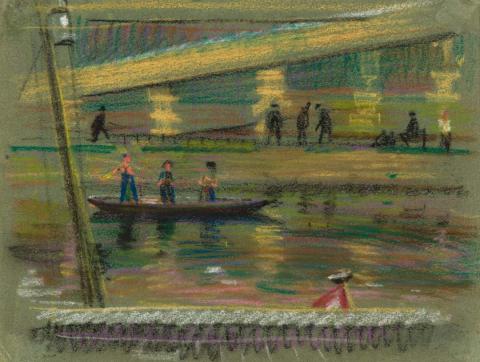 Artwork (River scene) (from a European sketch book) this artwork made of Coloured chalks over pencil on wove paper, created in 1939-01-01