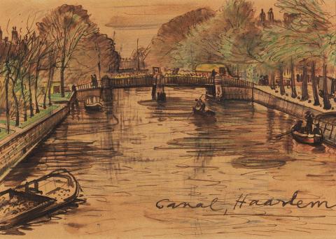 Artwork Canal, Haarlem this artwork made of Pen and brush and brown ink, coloured pencils on buff wove paper, created in 1939-01-01