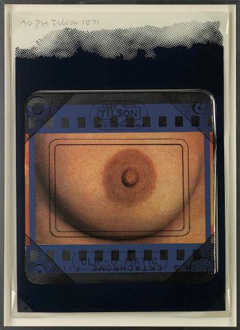 Artwork Transparency, clip-o-matic breast this artwork made of Colour screenprint and photo-screenprint on overlaid foil, acetate and thick smooth wove paper, created in 1971-01-01
