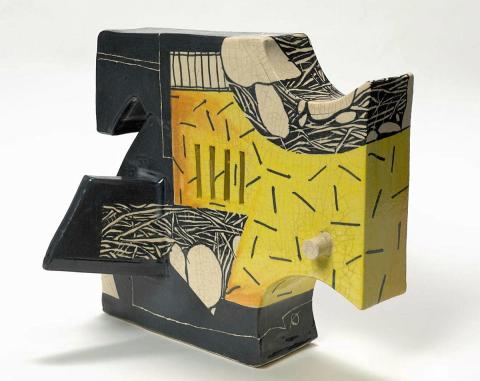 Artwork Sculpture:  The flight from antiquity this artwork made of Slab built white stoneware clay sculptural form with black and yellow ochre brush decorations of landscape details.  The black areas further incised, created in 1984-01-01