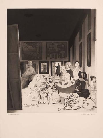 Artwork Picasso's meninas (from 'Hommage à Picasso' portfolio) this artwork made of Hard ground, soft ground and stipple etching, open bite and lift ground aquatint, engraving, drypoint and burnishing on thick wove paper, created in 1973-01-01