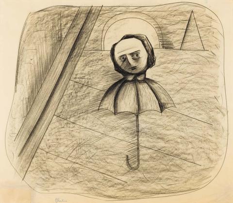 Artwork Untitled (umbrella head) this artwork made of Charcoal and crayon frottage on thin cream wove paper, created in 1951-01-01