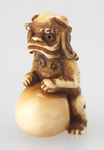 Artwork Netsuke:  (shishi (lion) with ball) this artwork made of Carved ivory