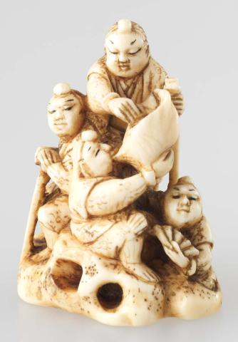 Artwork Netsuke:  (group of four figures) this artwork made of Carved ivory with flat base, created in 1830-01-01
