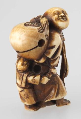 Artwork Netsuke:  (man carrying a bundle on his back) this artwork made of Carved ivory, created in 1800-01-01