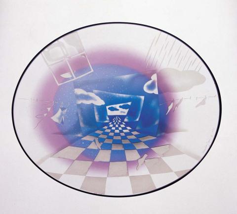 Artwork Bowl:  Rainy day this artwork made of Hot-worked clear glass, shaded blue to purple, and sandblasted, created in 1985-01-01