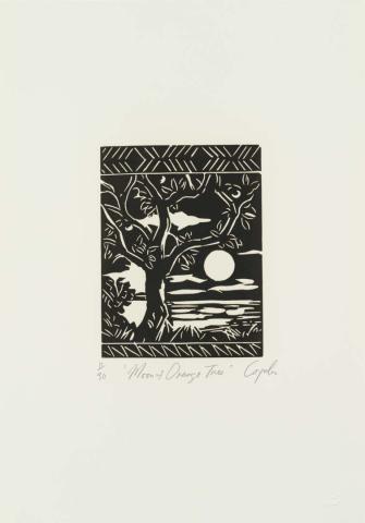 Artwork Moon and orange tree (from 'The spirit from the sea' portfolio) this artwork made of Linocut