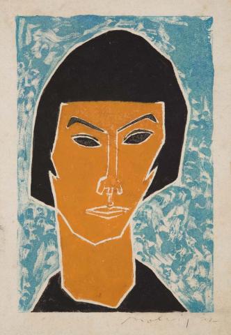 Artwork (Study of a girl) this artwork made of Colour linocut on paper, created in 1952-01-01