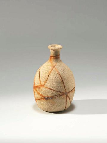 Artwork Vase with hidasuki marks this artwork made of Stoneware, thrown, tied with salt-soaked straw and fired in the Bizen technique, created in 1973-01-01