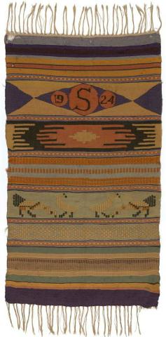 Artwork Wall hanging this artwork made of Wool and linen woven in bands with brown, gold, purple and greens and a register of stylised fowls, created in 1924-01-01