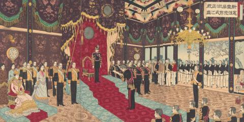 Artwork (The promulgation of the Japanese Constitution) this artwork made of Colour woodblock print on paper, created in 1889-01-01