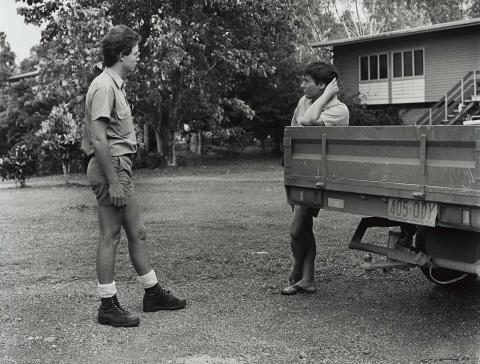 Artwork 23 January 1987, Weipa - After work Darrell and Kelly discussed the following day's fishing in Darrell's yard (from 'Journeys north' portfolio) this artwork made of Gelatin silver photograph on paper, created in 1987-01-01