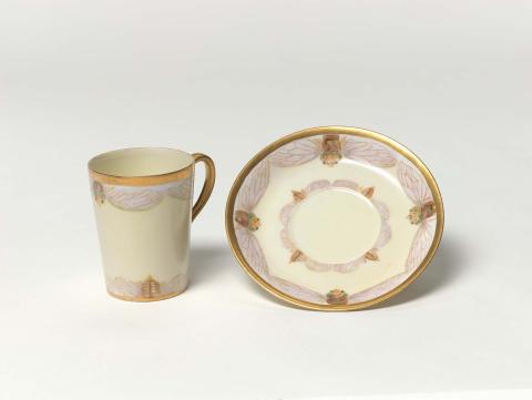Artwork Cup and saucer this artwork made of China painting on porcelain cup and saucer decorated in overglaze enamels with cicada motifs against a pale yellow ground.  Gilt borders, created in 1910-01-01