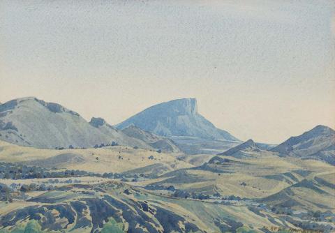 Artwork Central Mount Wedge this artwork made of Watercolour over pencil on wove paper loosely attached to composition board, created in 1945-01-01